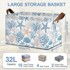 Starfish Coral Storage Basket with Handles,Shell Collapsible Rectangle Organizer Bin for Room Decoration Books Box Baskets 17x11.5x10Inch