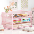 Subekyu 3 Tier Paper Letter Tray Organizer for Desk, Pink Metal Mesh File Folder Sorter Organizer with Handle and 1 PC Sliding Tray for Home Office School Desk Supplies Organization Storage