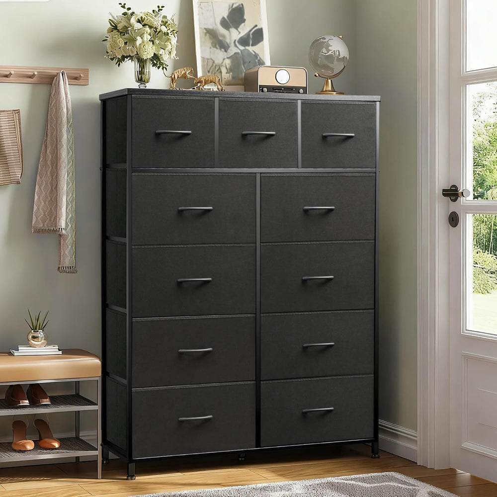 Tall Console Table with 11 Fabric Drawers, Black | Entryway Table with Storag...