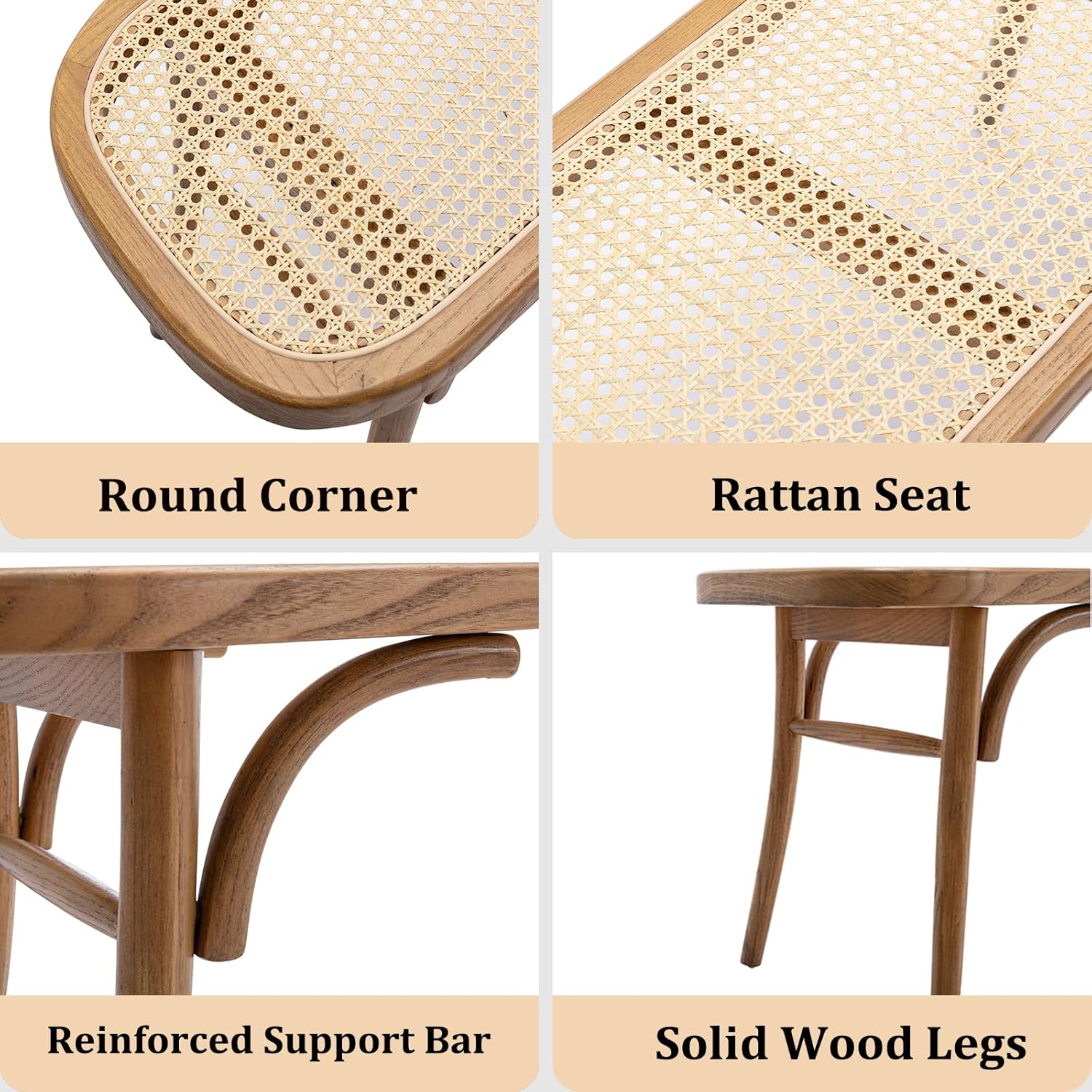 Farmhouse Wood Bench Seat Small Rattan Cane Bench Wicker Bench for End of Bed Living Room Entryway Foyer Indoor, Hand Woven