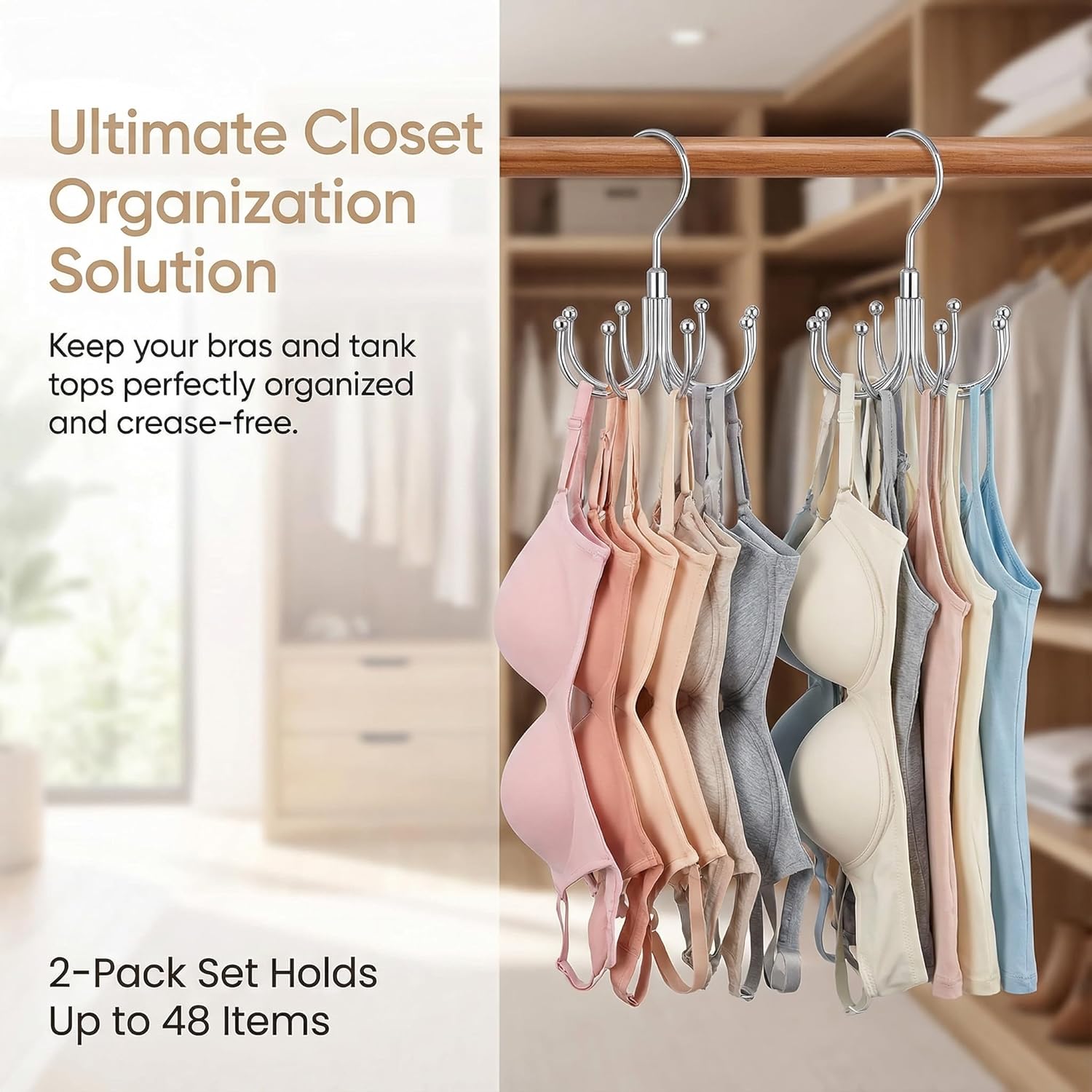 Rotatable Belt Hanger & Bra Organizer for Closet, 2 Pack Space Saving Multi-Purpose Hanging Holder for Tank Tops, Ties, Scarves, Max 48 Storage Capacity Metal Closet Organizers, Silver