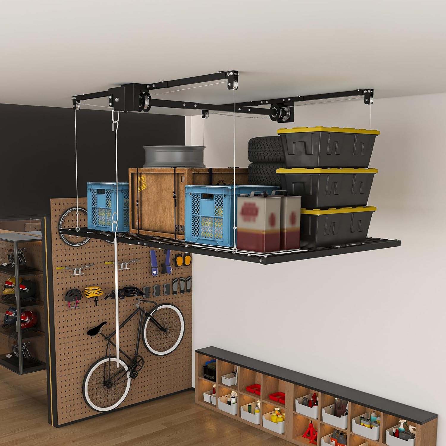 Montary 5x9 FT Overhead Garage Storage Rack for 10-12 FT Ceiling, Adjustable Ceiling Lifting Storage Rack with Safety Lock, 400LBS Capacity All-Steel Construction Heavy-Duty Garage Organizer Rack