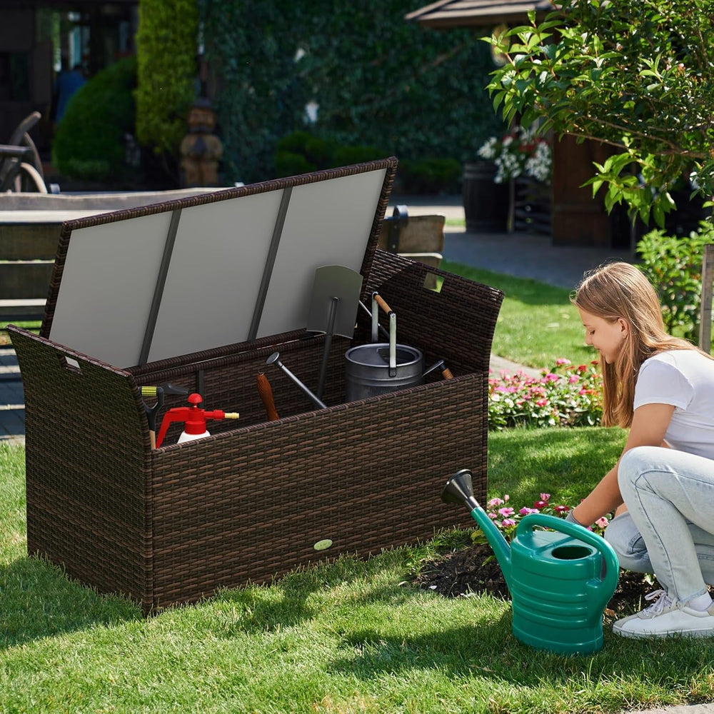 RELAX4LIFE Wicker Outdoor Storage Bench - 68 Gallon Rattan Deck Box w/Side Ha...