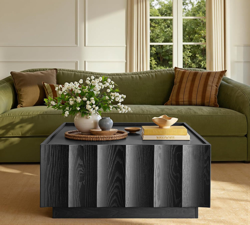 win2win Square Coffee Table with Storage, Wave Design, Black