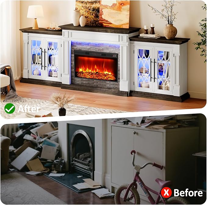 Naice 104" Fireplace TV Stand, Electric Fireplace Mantel with Large Cabinets Tempered Glass Doors, LED Light & Power Outlet, Media Entertainment Center with 30" Insert Heater for Living Room, Brown