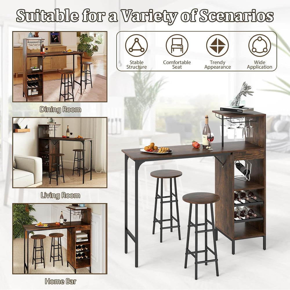 GOFLAME Bar Table Set for 2, Counter Height Dining Table Set with Shelves, Cu...