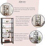 Pomona 6-Tier Bookcase – 70" Tall Solid Wood with Metal Frame Bookshelf – Durable Industrial Storage for Home Office, Living Room, or Bedroom by Alaterre Furniture (Brown Lacquer Finish)