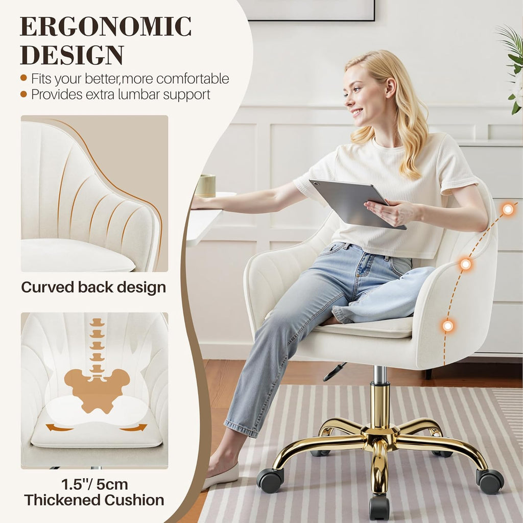 Vanity Chair with Wheels, Comfy Home Office Desk Chairs Adjustable Modern Velvet Makeup Vanity Chairs for Bedroom Living Room-Beige