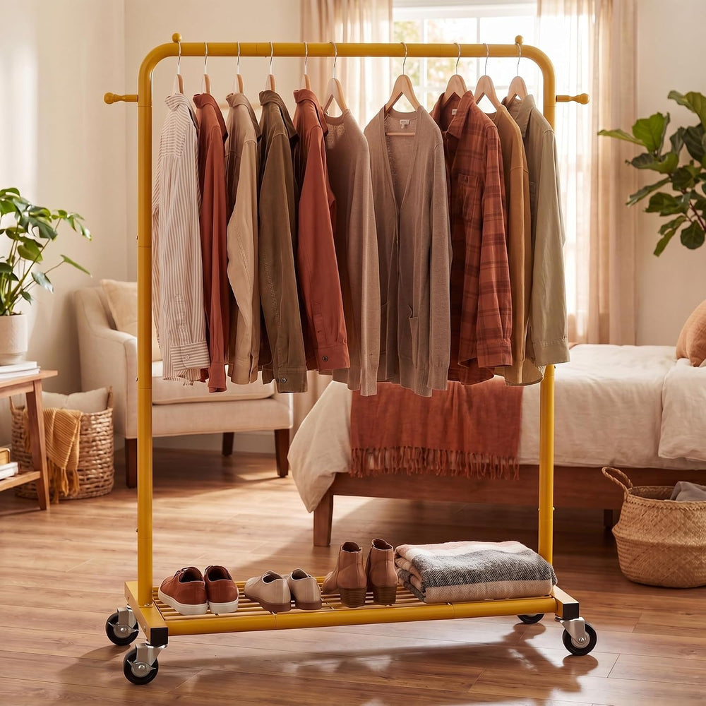 Sywhitta Metal Garment Clothing Rack on Wheels with Mesh Shelf,Gold Yellow