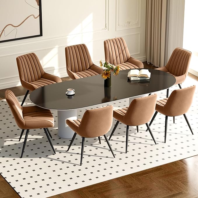 Modern Dining Chairs Set of 8,Upholstered Dining Room Chairs with Thick Cushions,Fabric Comfy Dining Chairs with Metal Legs for Dining Room Brown