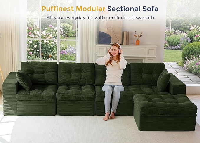 MAXYOYO 132" L Shaped Modular Sectional Sofa with Ottoman, Cloud Boneless Couch with Layered Cushion, Upholstered Sofa in a Box, Flexible Module Combination for Living Room, No Assembly, Dark Green