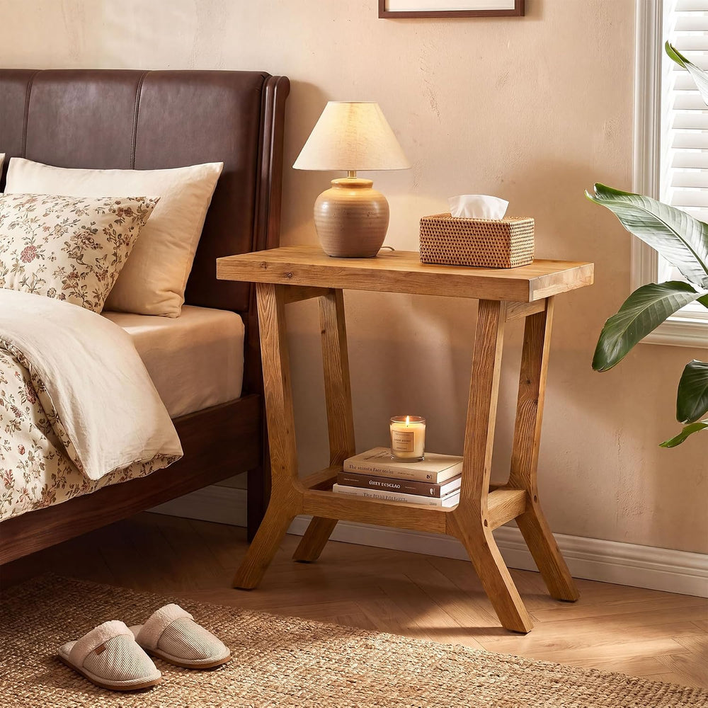 Solid Wood End Table, Small Wooden Side Table with 2-Tier Storage, Narrow Rus...