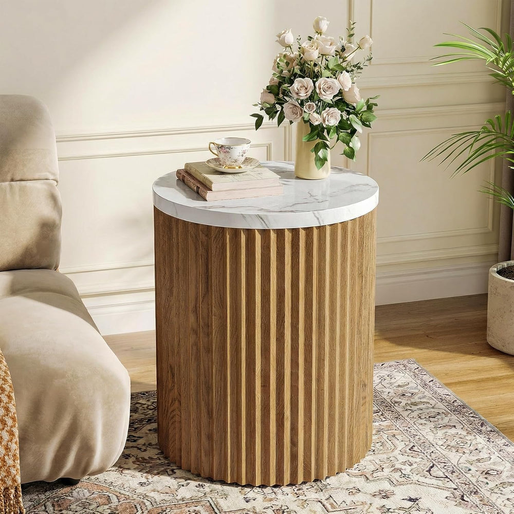 23.6-inch Round Side Table with Faux Marble Top, Drum Shape & Fluted Base...