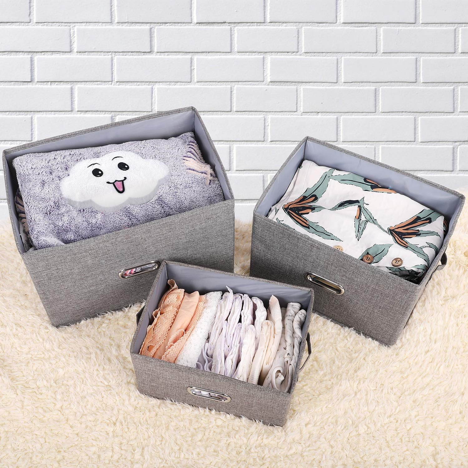 Large Linen Fabric Foldable Storage Bins with Removable Lid and Handles, Washable Storage Box Organizer Containers Baskets Cube with Cover for Bedroom,Office(Cream, Large(2-Pack))