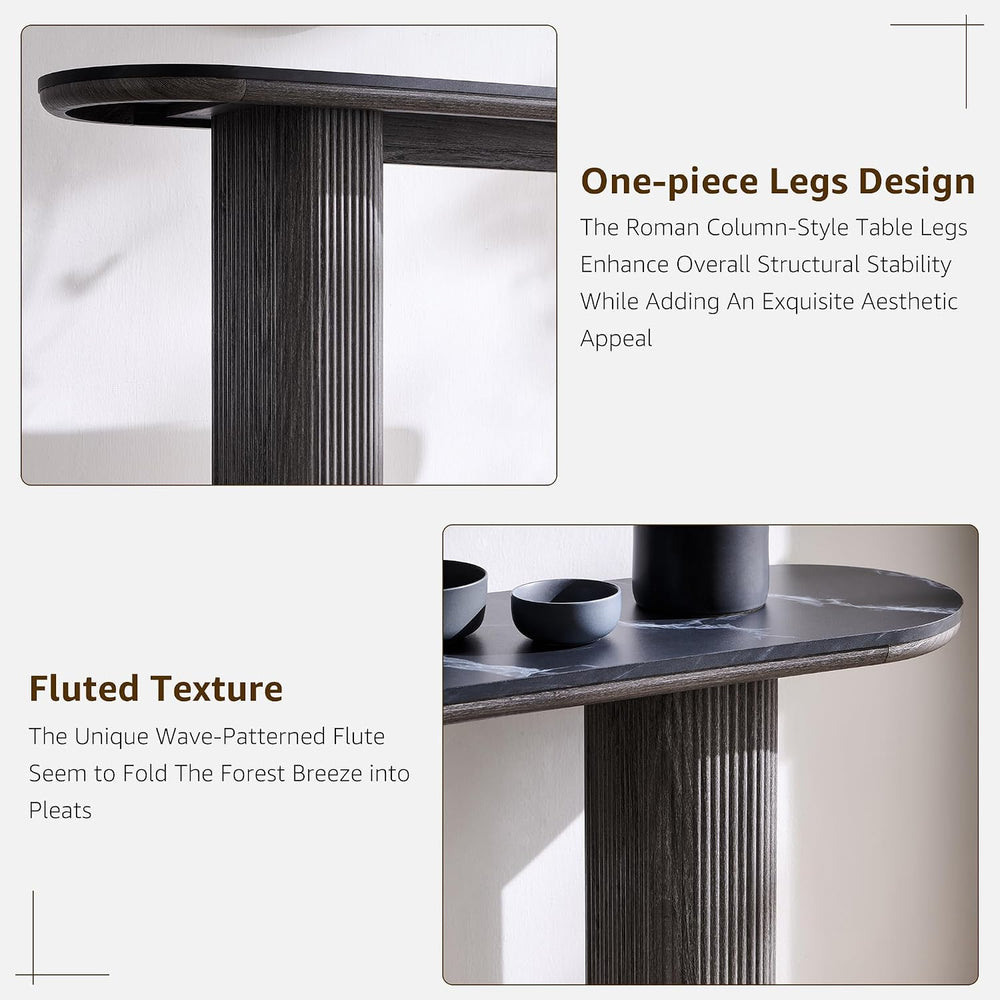 OKD 63" Modern Console Table with Arc Faux Marble Texture Top, Fluted Wo...