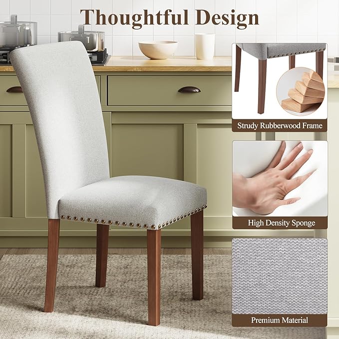 Stylish Dining Chairs Set of 4, Upholstered Parsons Dining Room Chair with Nailhead Trim, Kitchen Room Chair with Thick Cushions and Wood Legs, Nailhead Trim, Light Grey