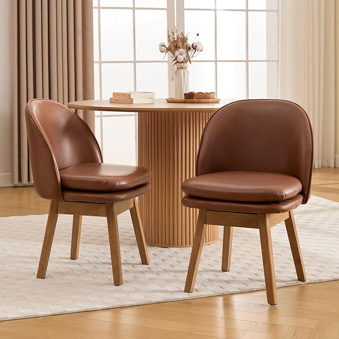 Wahson Upholstered Dining Chairs Set of 2, Modern Faux Leather Dining Room Chairs with Solid Wood Legs & Double-Padded Seat, Swivel Accent Desk Chair for Kitchen Dining Room Restaurant - Brown