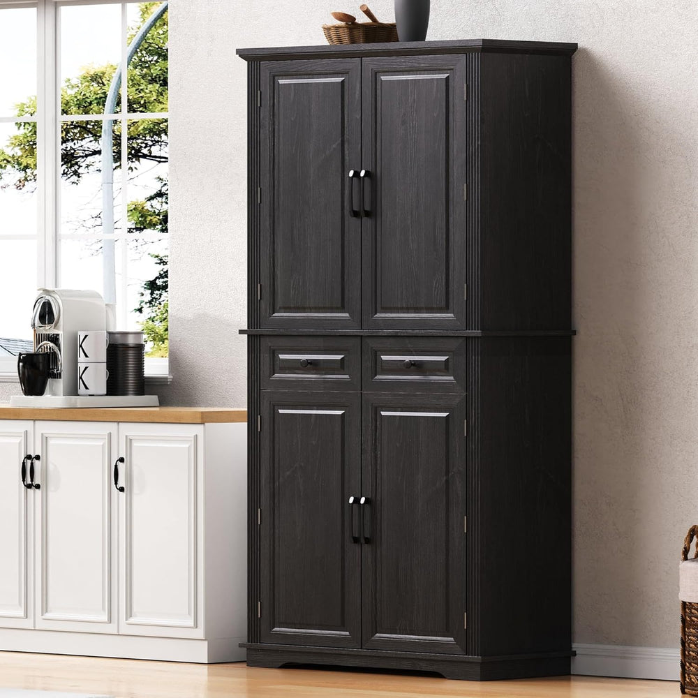 Tall Arched Pantry Cabinet with Pull-Out Cabinet Organizers, Brown | 71"...