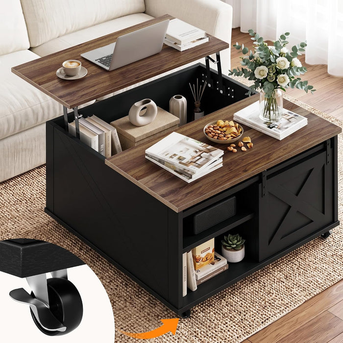Lift Top Coffee Table with Wheels 31" Square - Farmhouse, Black