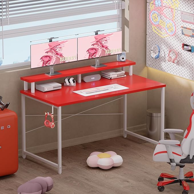 Pamray 47 Inch Small Computer Desk with Monitor Stand, Simple Office Desk with Headphone Hook for Small Spaces, Kids Study Writing Table for Bedroom, Red