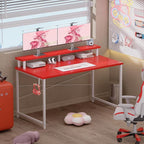 Pamray 47 Inch Small Computer Desk with Monitor Stand, Simple Office Desk with Headphone Hook for Small Spaces, Kids Study Writing Table for Bedroom, Red