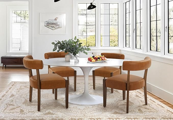 Modern Dining Chairs Set of 2, Faux Leather Upholstered Kitchen & Dining Room Chairs, Mid Century Modern Wooden Dining Chairs Oversized Sturdy Rounded Chairs Curved Back, Brown