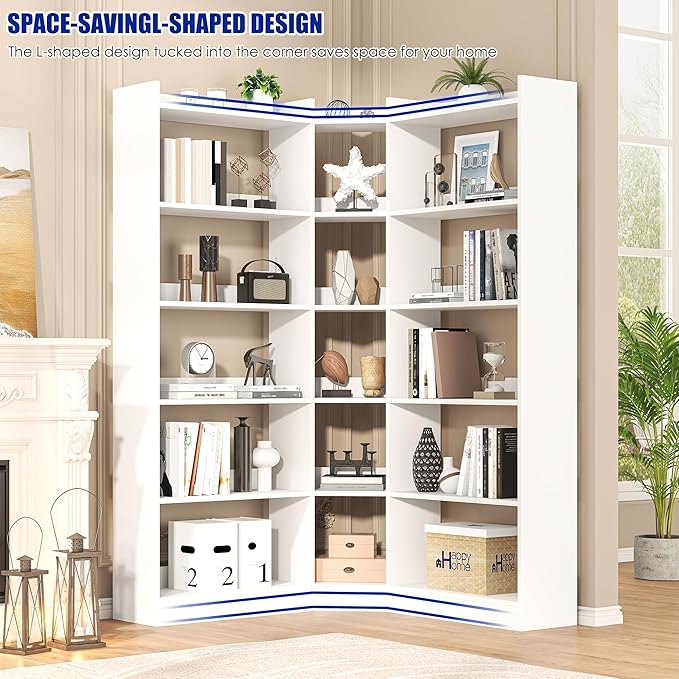 6 Tiers Corner Bookshelf, 63.1" Tall Modern Corner Etagere Bookcase Storage Display Rack Book Shelf with Baffle, Industrial L Shaped Bookshelves for Bedroom, Home Office, Living Room, White