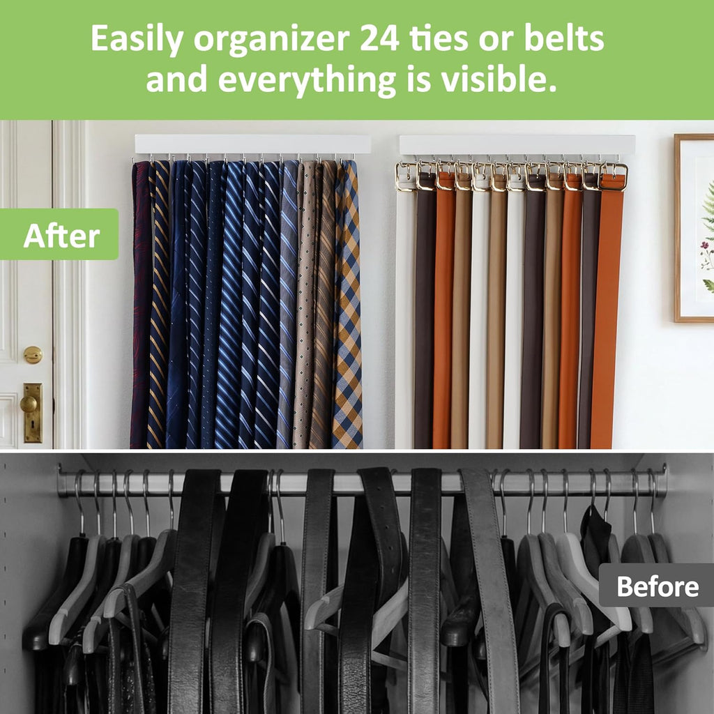 2 Pack Tie Hanger Wall Mounted, Wooden Tie Rack Belt Hanger with 24 Non Slip 180° Rotating Hooks, Belt Organizer Space Saving Tie Hanger for Closet, Tie Holder & Tie Organizer, White