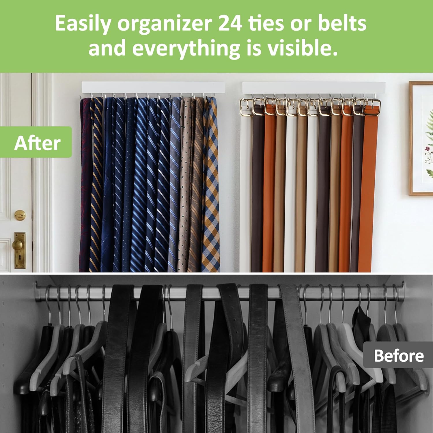 2 Pack Tie Hanger Wall Mounted, Wooden Tie Rack Belt Hanger with 24 Non Slip 180° Rotating Hooks, Belt Organizer Space Saving Tie Hanger for Closet, Tie Holder & Tie Organizer, White