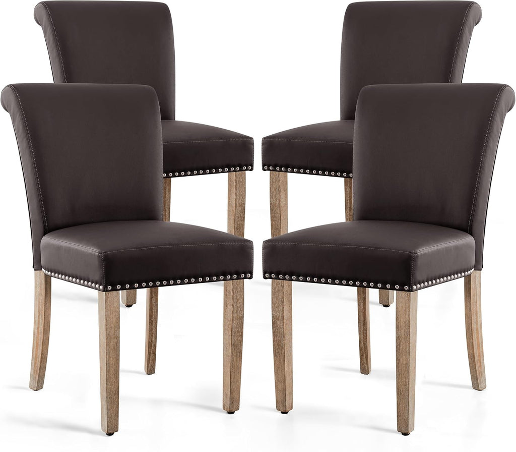 SyMax Dining Chairs Set of 4, Modern Faux Leather Parson Dining Room Chairs, High-End Kitchen Side Chairs with Nailhead Trim and Wood Legs, Chocolate, 4PCS