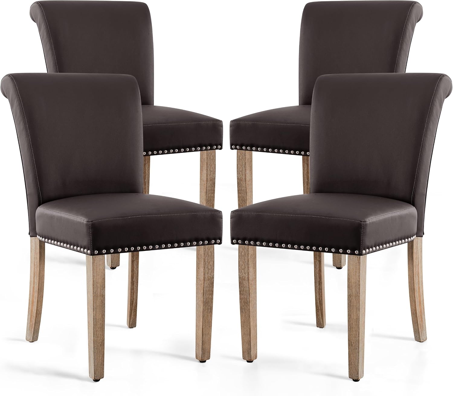 SyMax Dining Chairs Set of 4, Modern Faux Leather Parson Dining Room Chairs, High-End Kitchen Side Chairs with Nailhead Trim and Wood Legs, Chocolate, 4PCS