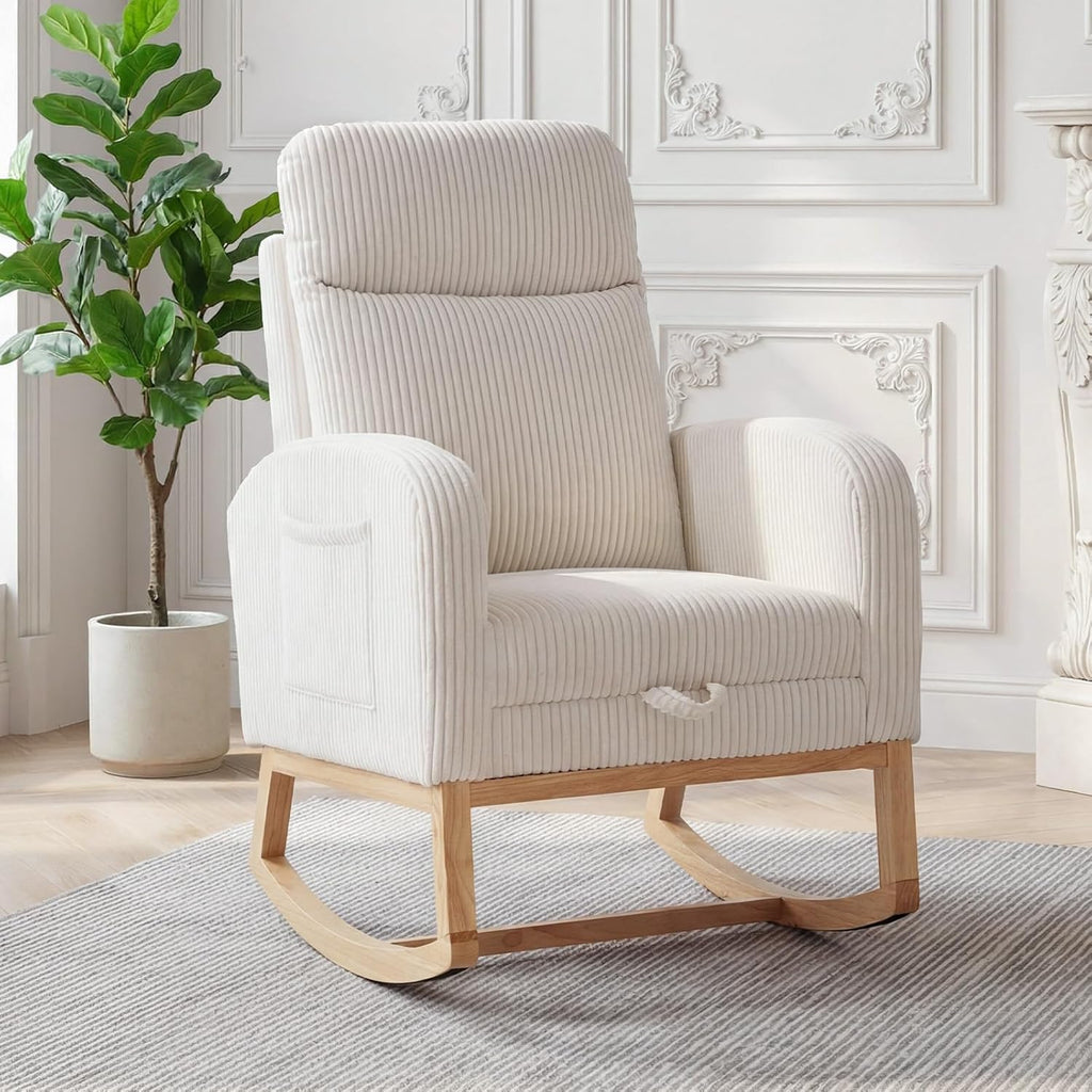 GarveeLife Nursery Rocking Chair,300lb Glider Chair with Solid Wood Legs/Two Side Pockets,Corduroy Upholstered Glider Rocker with Footrest High Backrest for Living Room/Bedroom/Nursery
