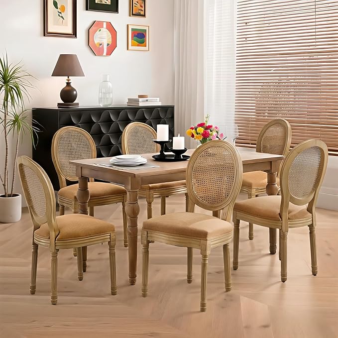 French Country Dining Chairs Set of 6,Farmhouse Upholstered Dining Room Chairs with Round Back and Solid Leg,Rattan Kitchen Chairs for Kitchen/Bedroom/Dining Room,Tan