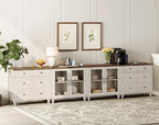 WAMPAT Modern TV Stand for TVs up to 110 inch, 4 in 1 Entertainment Center with Storage Cabinets and 4 Glass Door, Media Console with 6 Drawer Dresser for Living Room, Rustic White