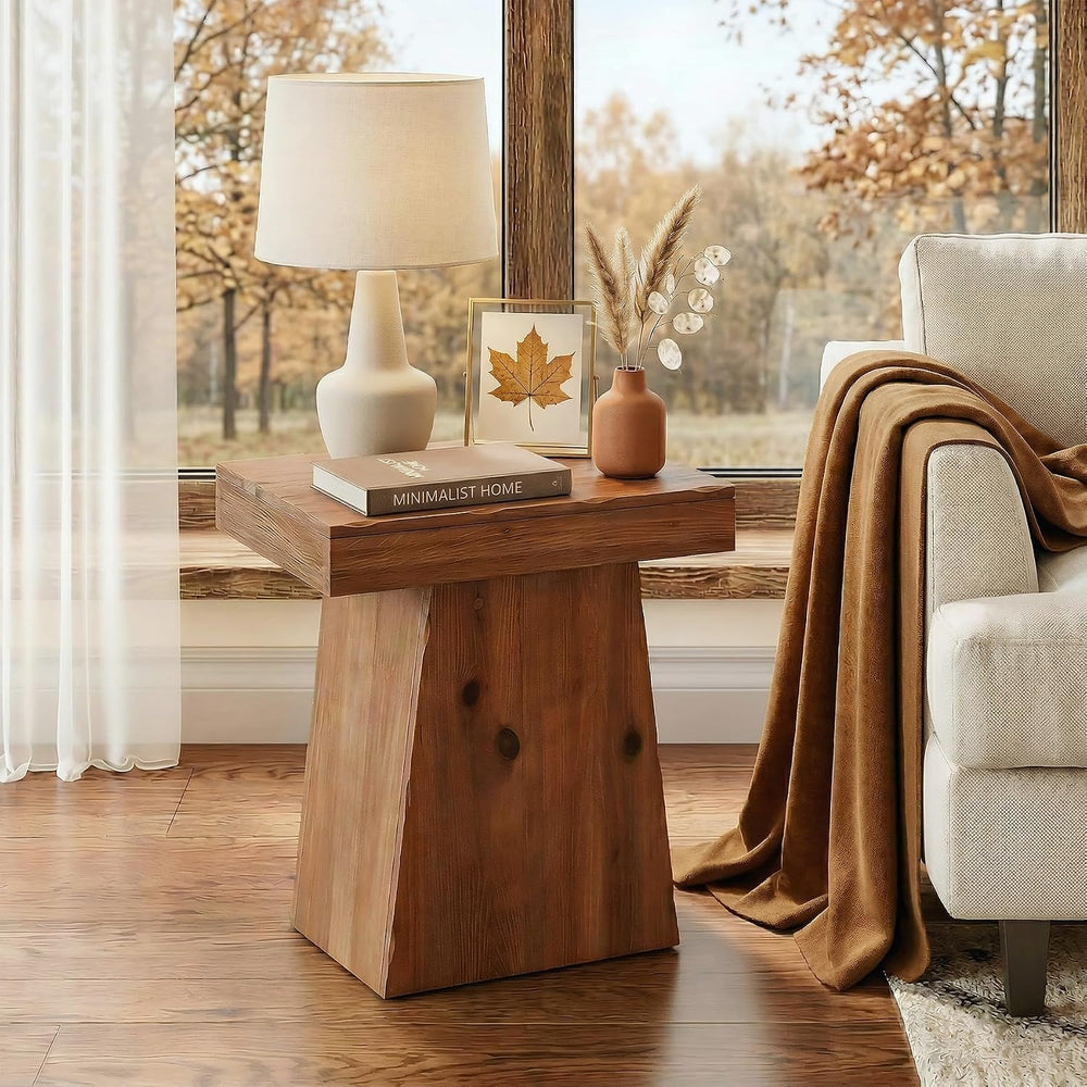 Solid End Table, 23.6" Wood Side Table with Trapezoid Base for Small Spa...