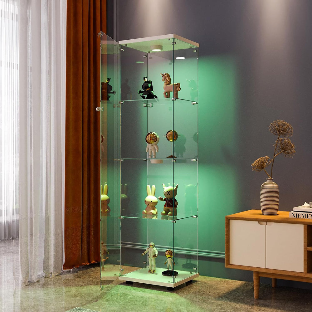 FANYUSHOW Display Cabinet with Glass Door and LED Light, 4-Tier Tempered Glas...