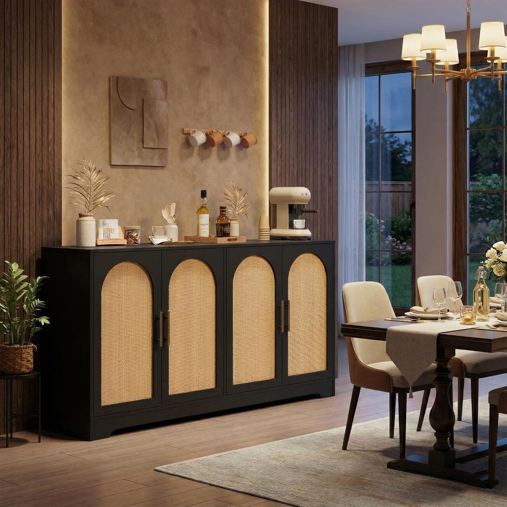 IDEALHOUSE 59" W Sideboard Buffet Cabinet- with 4 Rattan Doors, Large St...