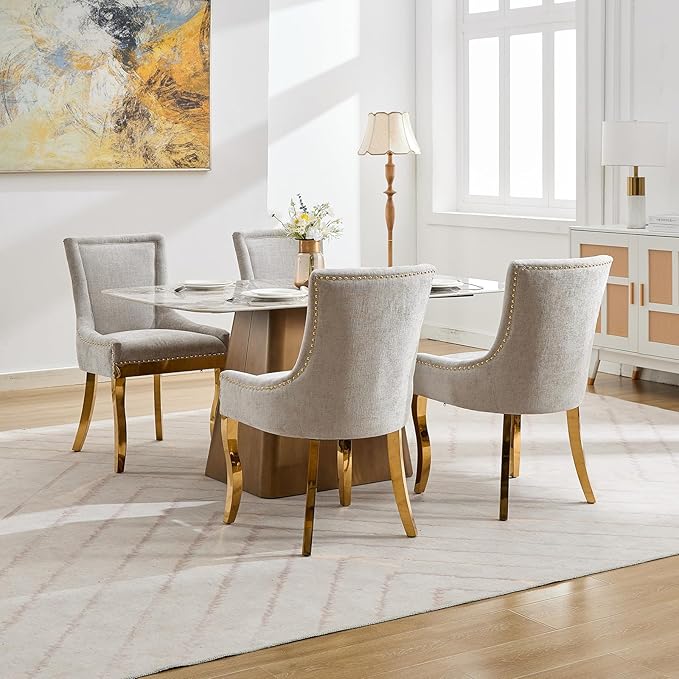 Upholstered Dining Chairs Set of 4, Modern Fabric Side Chairs with Gold Stainless Steel Legs, Accent Kitchen Chairs for Dining Room Table, Beige