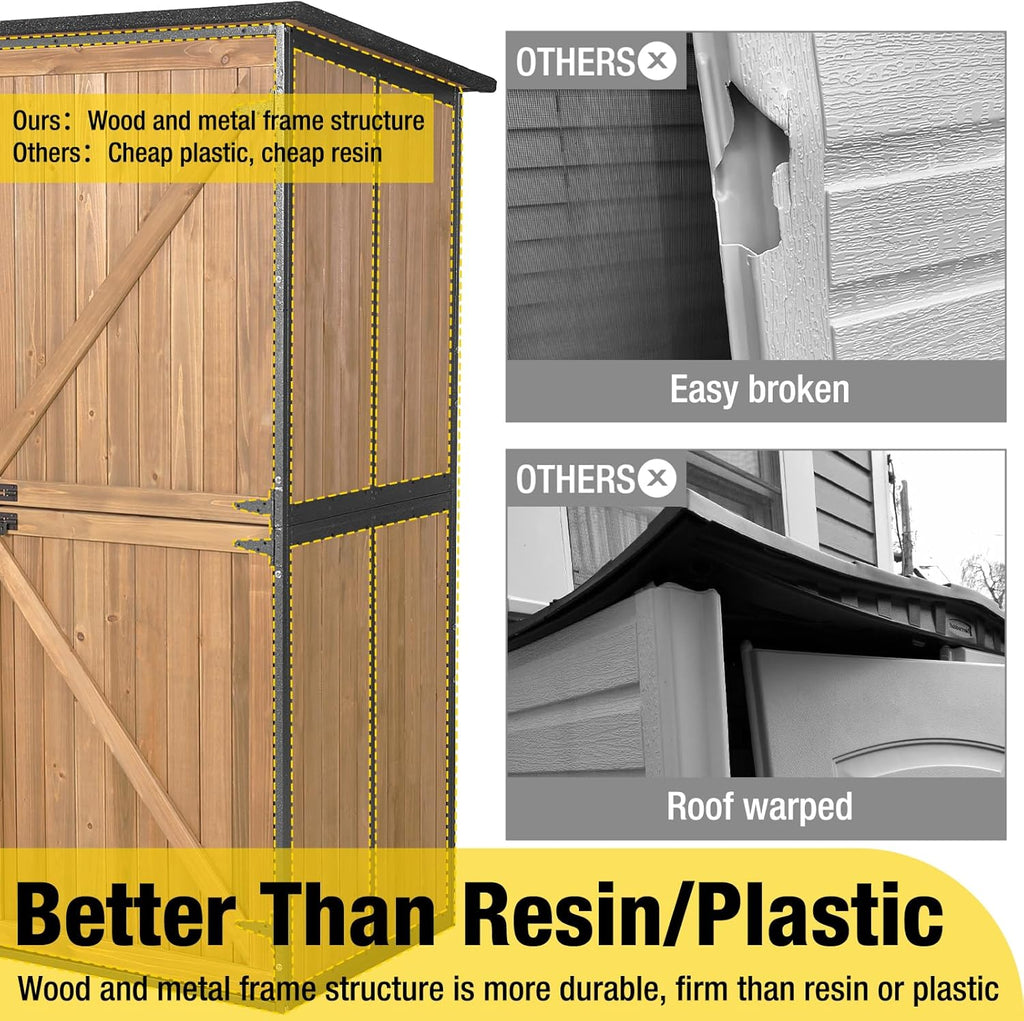 Aivituvin Storage Shed Outdoor Storage Cabinet Upgraded with All Arounded Metal Frame, Wooden Floor and Adjustable Shevels 55" L x 29" W x 67" H, Brown