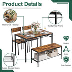 VECELO Kitchen Dining Room Table with 2 Chairs & Bench, Compact Space-Saving Design, Easy Assembly Steel Frame, Perfect for Small Apartments & Breakfast Nooks，Dark Brown