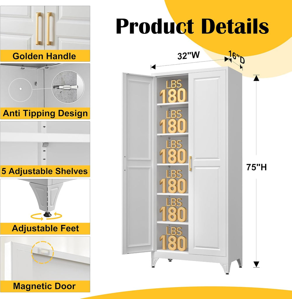SteeLoong 75”Metal Pantry Storage Cabinet with Doors & 5 Adjustable Shelv...