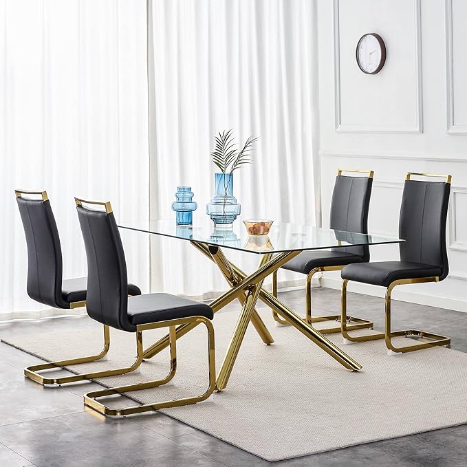 AZmac Modern Leather Dining Chairs Set of 6,Armless Kitchen Chairs,Dining Room Chairs with Upholstered Padded Seat and Sturdy Gold Legs for Dining Room,Kitchen (Set of 6, Black-Gold Leg)