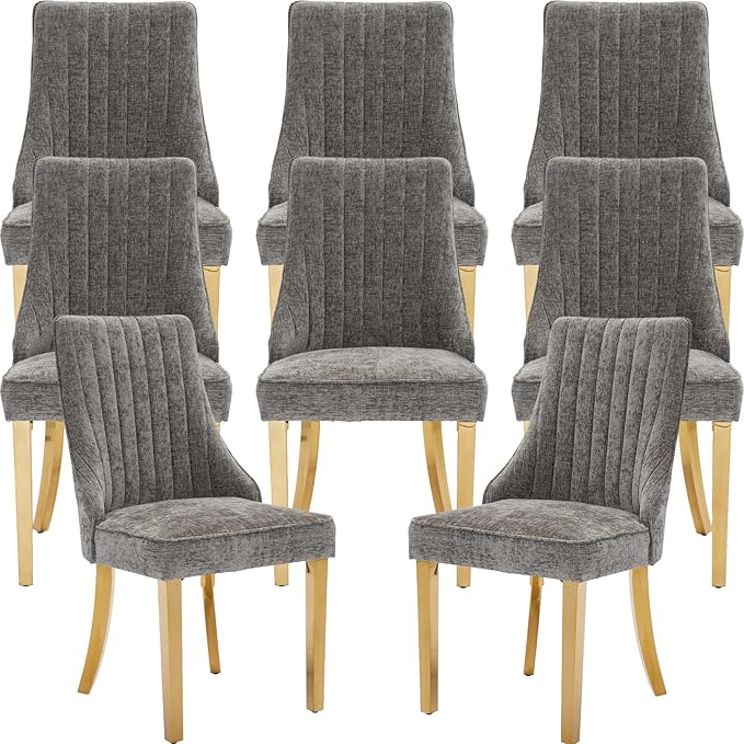 Grey Mid Century Dining Chairs Set of 8, Modern Kitchen & Dining Room Chairs Set of 8, Chenille Fabric Upholstered Kitchen Chairs for Dining Table, Sillas de Comedor, Gold Legs (Gray, 8 Pcs)