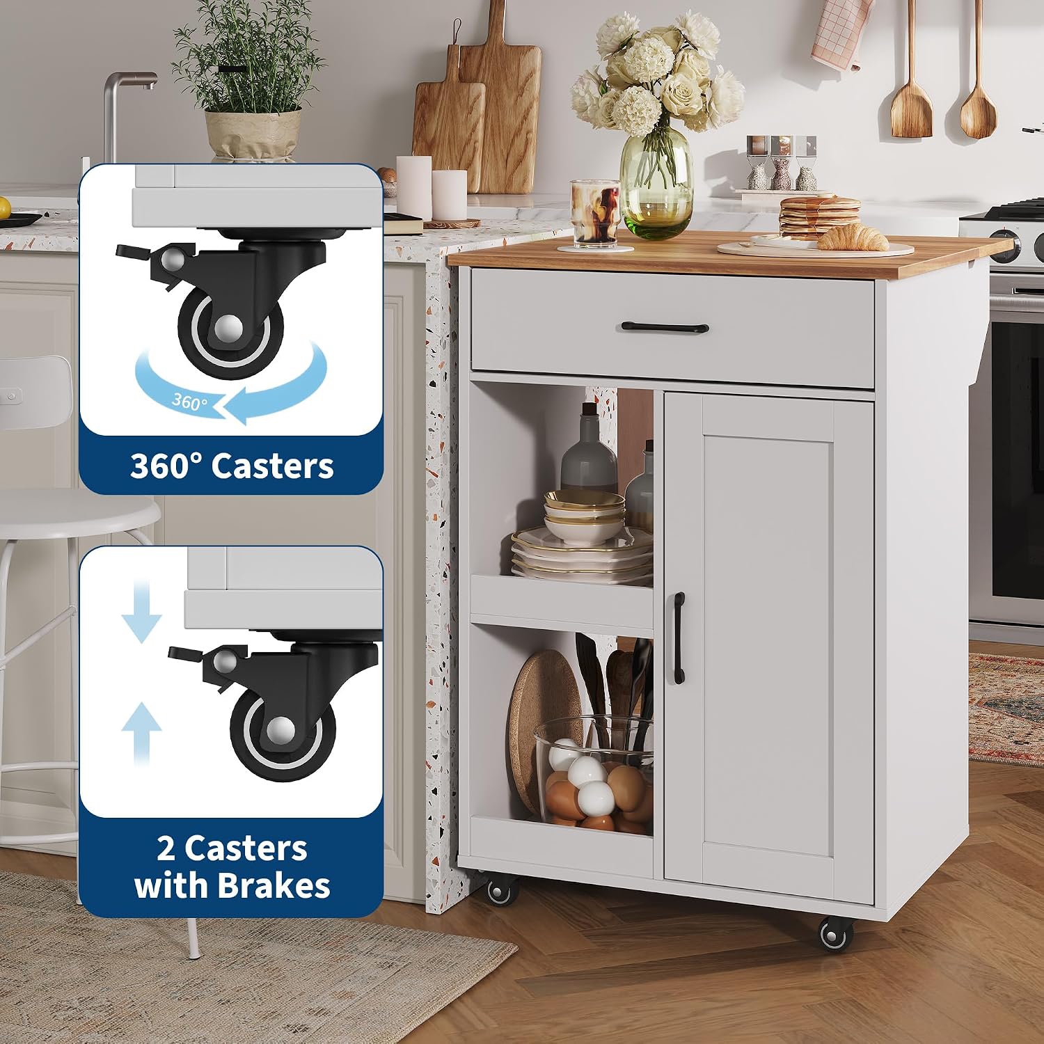 Garvee Kitchen Island with Drop Leaf, Rolling Kitchen Island on Wheels with Storage, Island Cart with 2 Open Shelves,1 Drawer for Kitchen, Dining Room