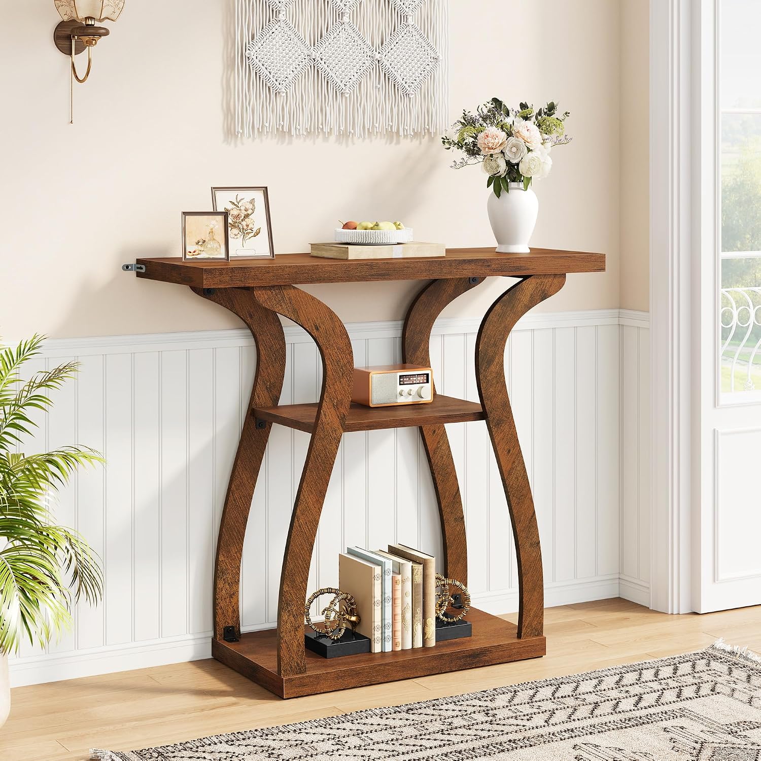 Tajsoon 3-Tier Farmhouse Console Table for Entryway 31.5", Rustic Brown