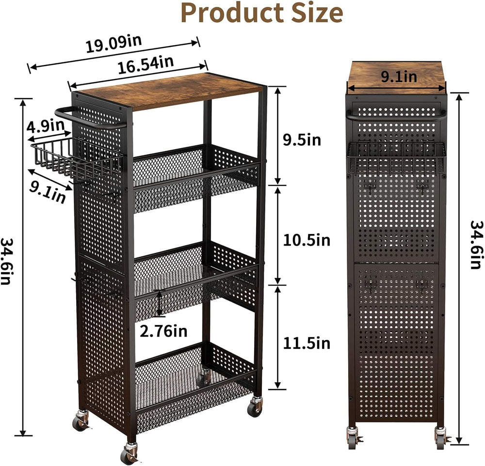 Slim Storage Rolling Cart: 4-Tier Narrow Metal & Wood Utility Cart with W...