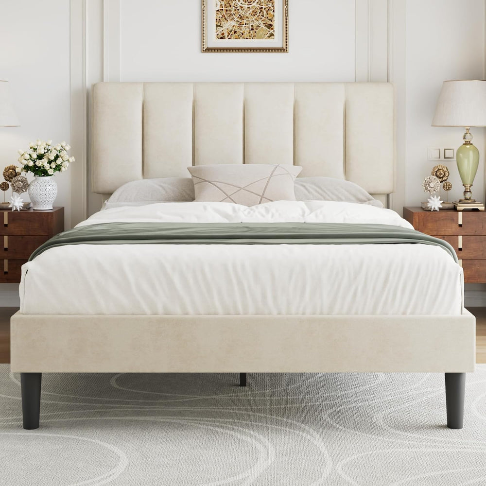 VECELO Full Size Bed Frame with Upholstered Headboard, Pale Beige