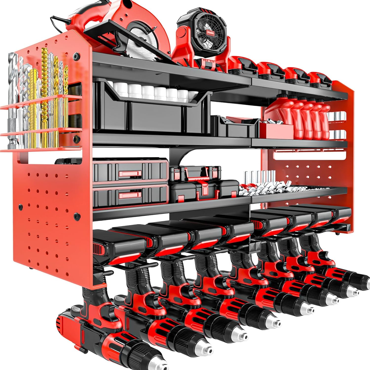Metal Power Tool Organizer Rack Wall Mount, Garage Tool Drill Storage Shelves with Screwdriver Plier Holder (Red, 8 Drills Holder)