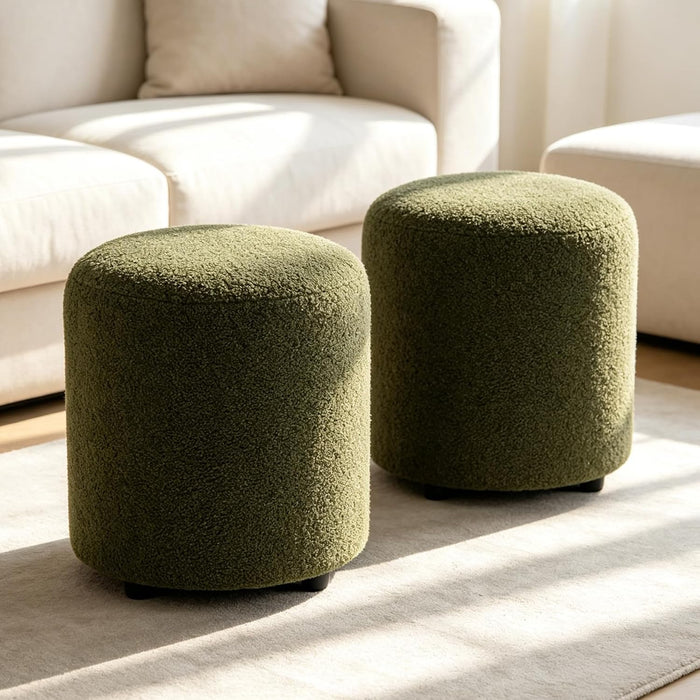 YDcosyfy Modern Round Ottoman Set of 2, Teddy Fleece Vanity Stool Footrest, Upholstered Stool for Makeup, Bedroom, Living Room, Dark Green