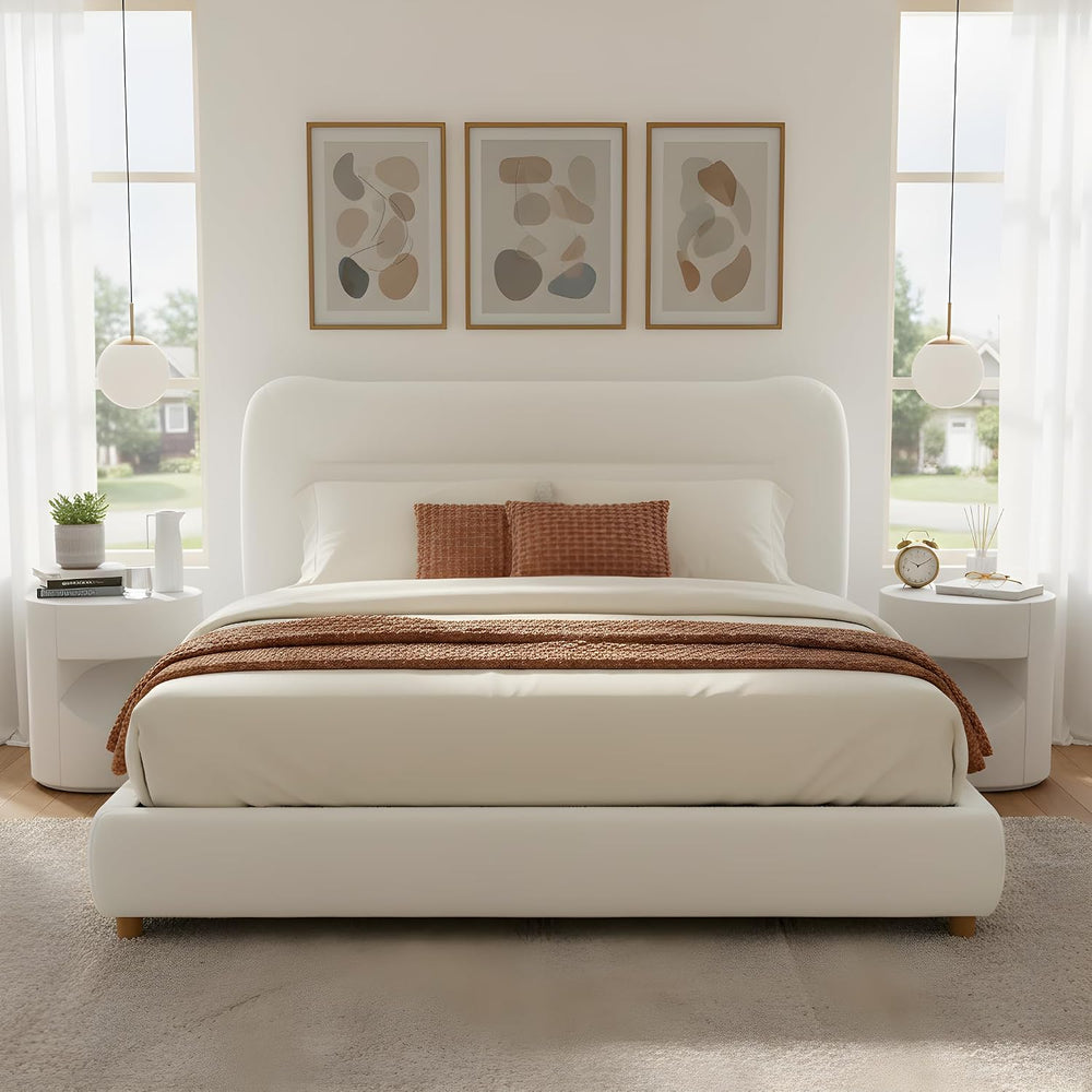 Marshmallow Upholstered Queen Bed Frame Headboard, Cream Soft Frame Cloud Bed...